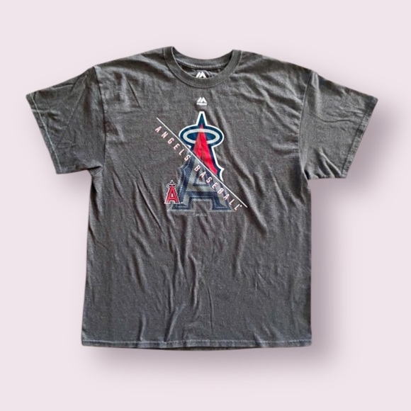 Angels Baseball Majestic Triple Peak Gray Mens T-Shirt - Picture 1 of 8